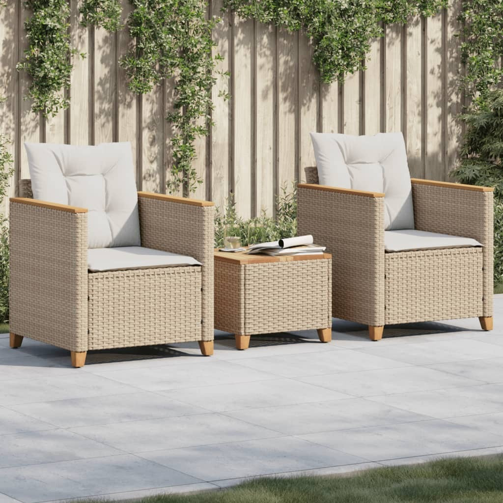 3 Piece Bistro Set with Cushions Beige Poly Rattan Acacia Wood