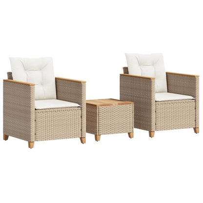 3 Piece Bistro Set with Cushions Beige Poly Rattan Acacia Wood