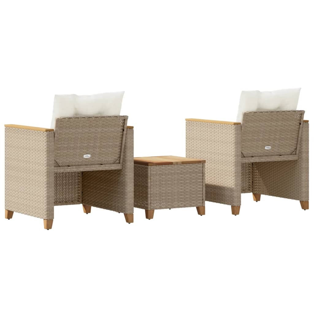 3 Piece Bistro Set with Cushions Beige Poly Rattan Acacia Wood