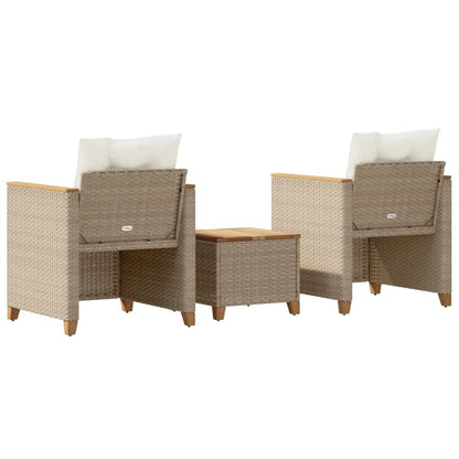 3 Piece Bistro Set with Cushions Beige Poly Rattan Acacia Wood